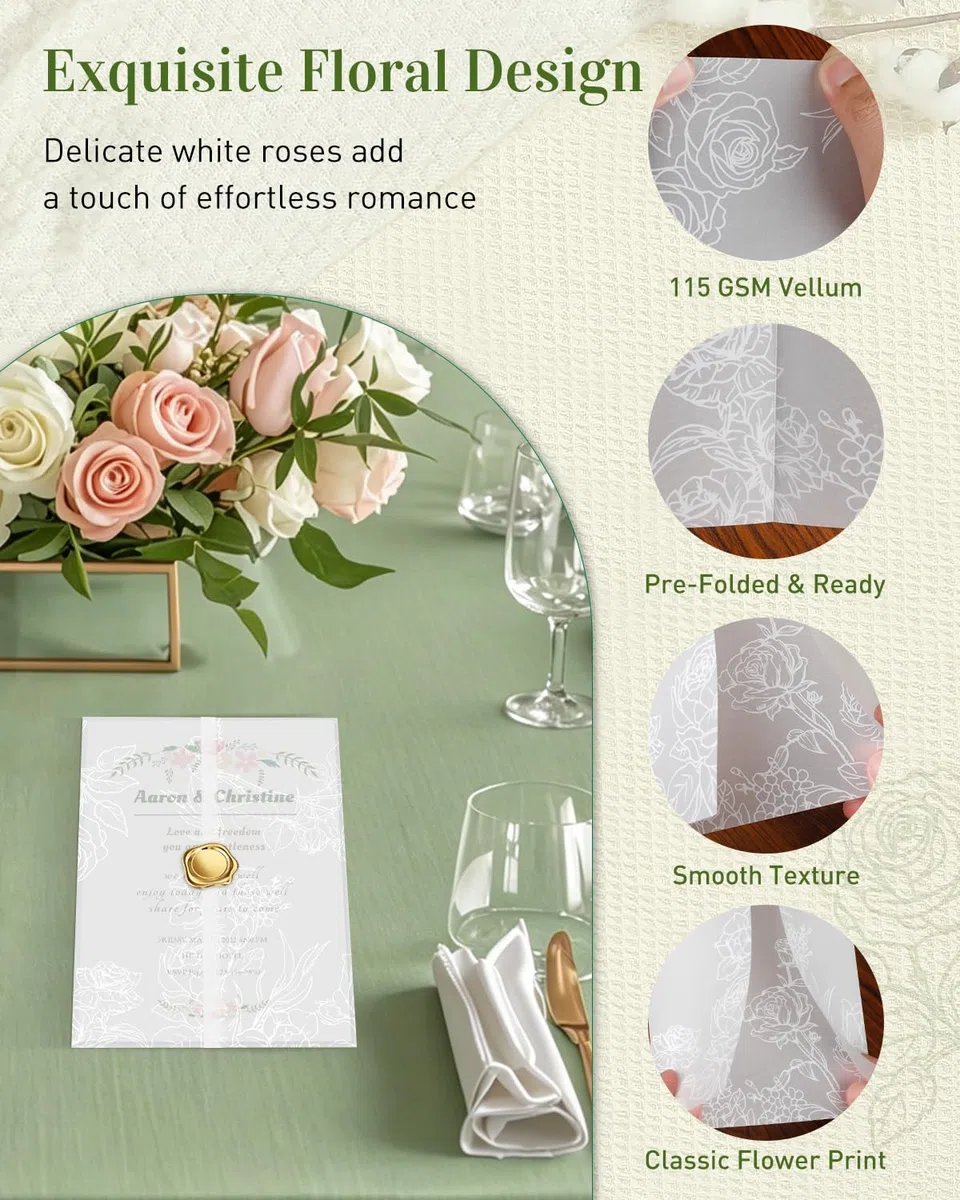 Uniclife 100er Pack Hochzeitstransparenthüllen für 13x18 cm Einladungen, 115 GSM Transparentes Pergamentpapier Einladungshüllen Vorgefaltete Florale Hochzeitseinladungsverpackungen (Weiße Rose)