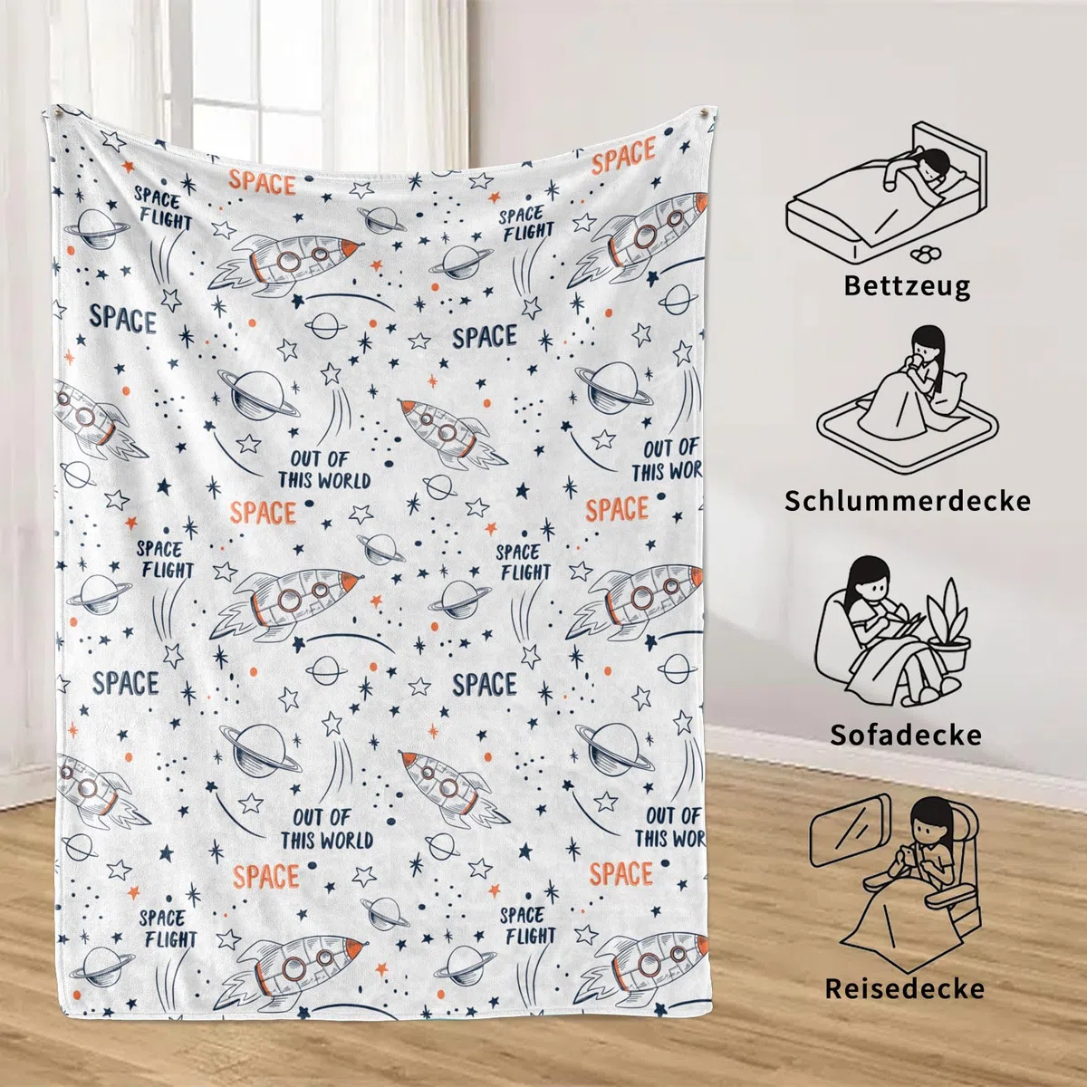 Rakete Decke 130x150cm Weltraum Rakete Wohndecke Cartoon Kuscheldecke,weiche Sofadecke für Kinderzimmer, perfekt als Kinder-Sofadecke für Jungen & gemütliche Wohndecke (B, 130x150cm)