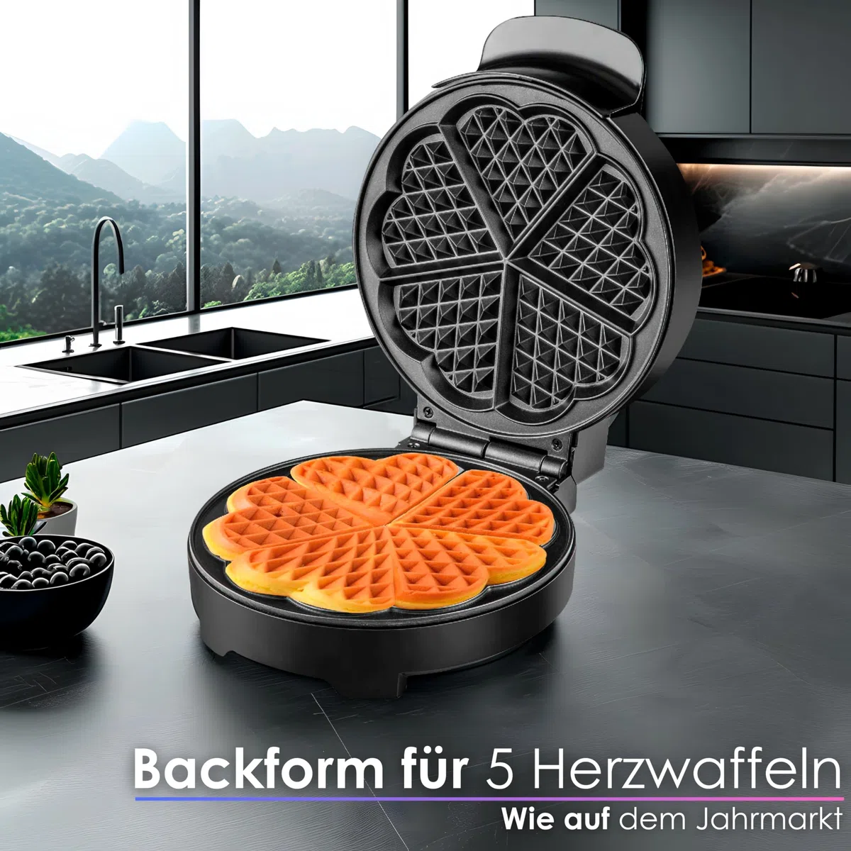 Waffeleisen | 1000 Watt | Waffelautomat für Herzwaffeln | Wafflemaker | Paninigrill | Waffeltoaster | Waffle Maker | Elektrogrill | Cool-Touch-Technologie | Antihaftbeschichtung |