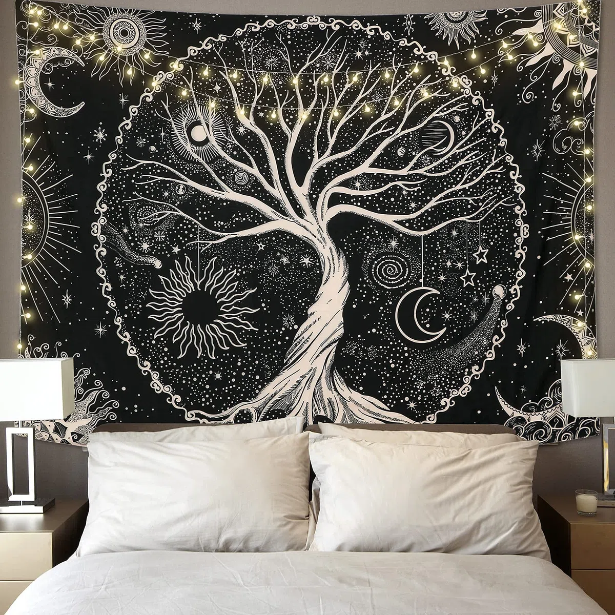 Betylifoy Baum des Lebens Tapisserie Mond und Sonne Schwarzer Wandbehang Psychedelisches Mandala Sternenhimmel Wandteppich Hippie Schlafzimmer (148x200cm)