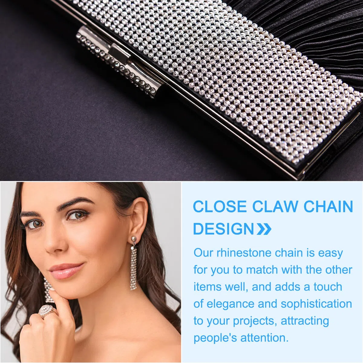 QUARKZMAN 10 Yard Kristall Strass Kette 3.0mm Aufnähen Schließen Klaue Kette Trimmen für Basteln Schmuck Kleidung Taschen Schuh Deko Schwarz 1Rolle