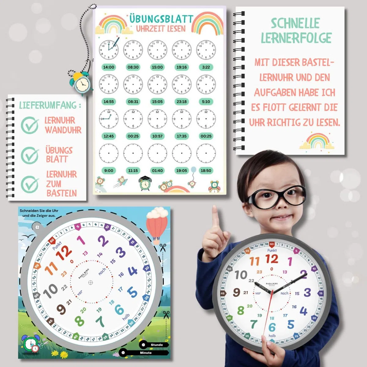 Bada Bing Montessori Wanduhr für Kinder - bruchfeste Acrylglasscheibe - Lernuhr ohne Tick Geräusch - analoge Kinderuhr zum Lernen der Uhrzeit - Kinderzimmer Mädchen, Jungen Uhr Ostergeschenk Kinder