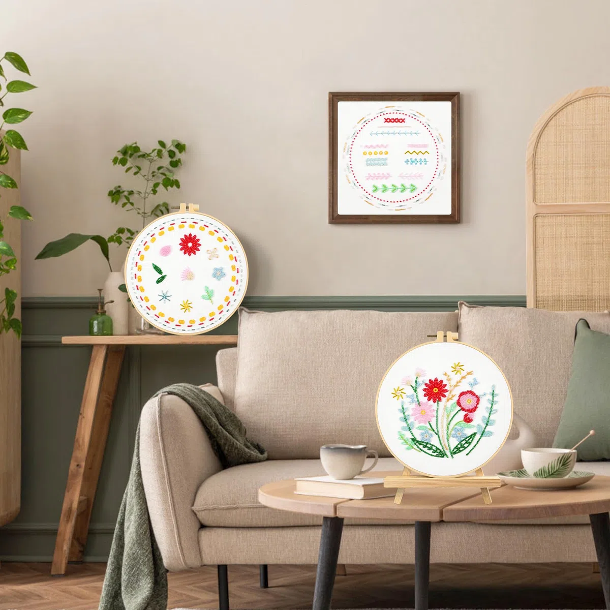UXORSN Stickset für Anfänger 3 Sets Sticken Set Erwachsene Perlen Pflanzen Blumenmuster Stickerei Set Kreuzstich Kit mit Kunststoff Stickrahmen Anleitung und Werkzeuge DIY Kunst Weihnachten Handwerk