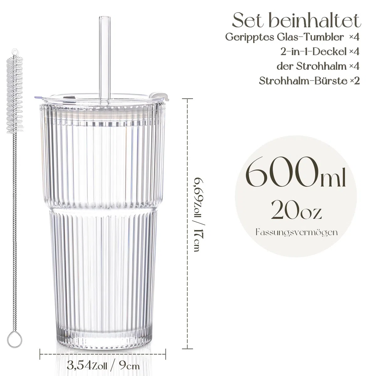 KEMORELA 2 Stück Trinkbecher mit Deckel und Strohhalm aus Glas, 600ml Gerippte Glasbecher für Eiskaffee, Latte Macchiato und Smoothies, Kaffeegläser und Teegläser Set