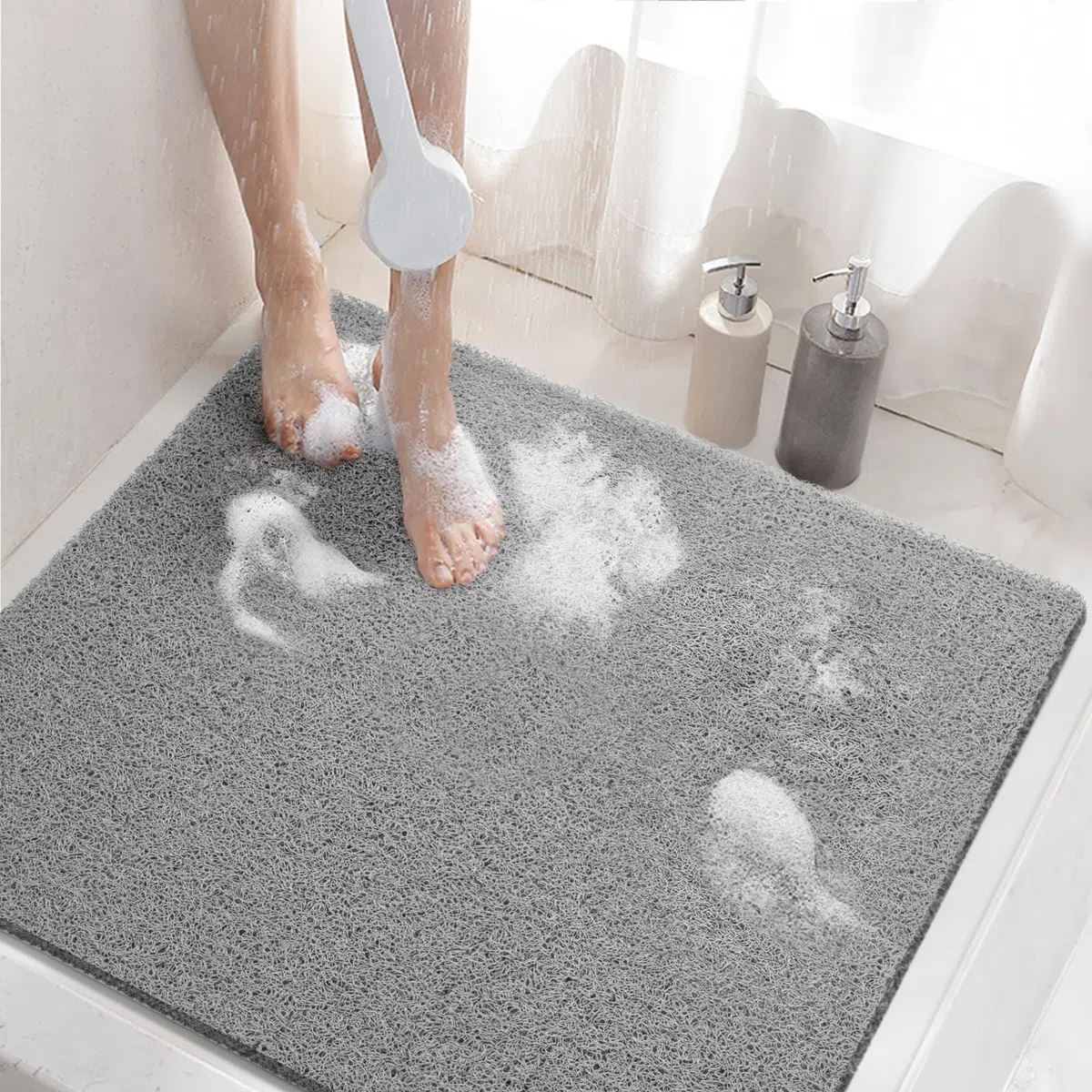 HITSLAM Duschmatte rutschfest, 60x60cm Badewannenmatte rutschfest mit Ablauf, Weiche PVC-Luffa Antirutschmatte Badewanne, Schnell Trocknende Badematte, Grau