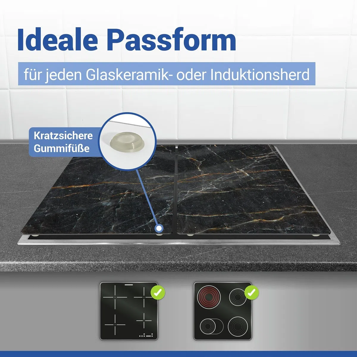Allstar Herdabdeckplatte aus Glas, 2er Set, für Glaskeramik- und Induktionskochfelder, Herdabdeckung, Glasschneidebrett & Spritzschutz für die Küchenwand, 30 x 52 cm, Mod. Marmor schwarz
