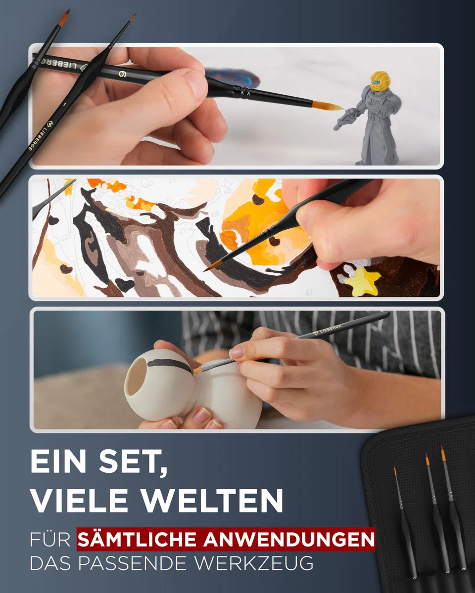 LIEBERGE Premium Detail Pinselset Acrylfarben – 10 extra feine Pinsel für höchste Präzision – Acryl Pinsel, Aquarellpinsel, Modellbau (10)