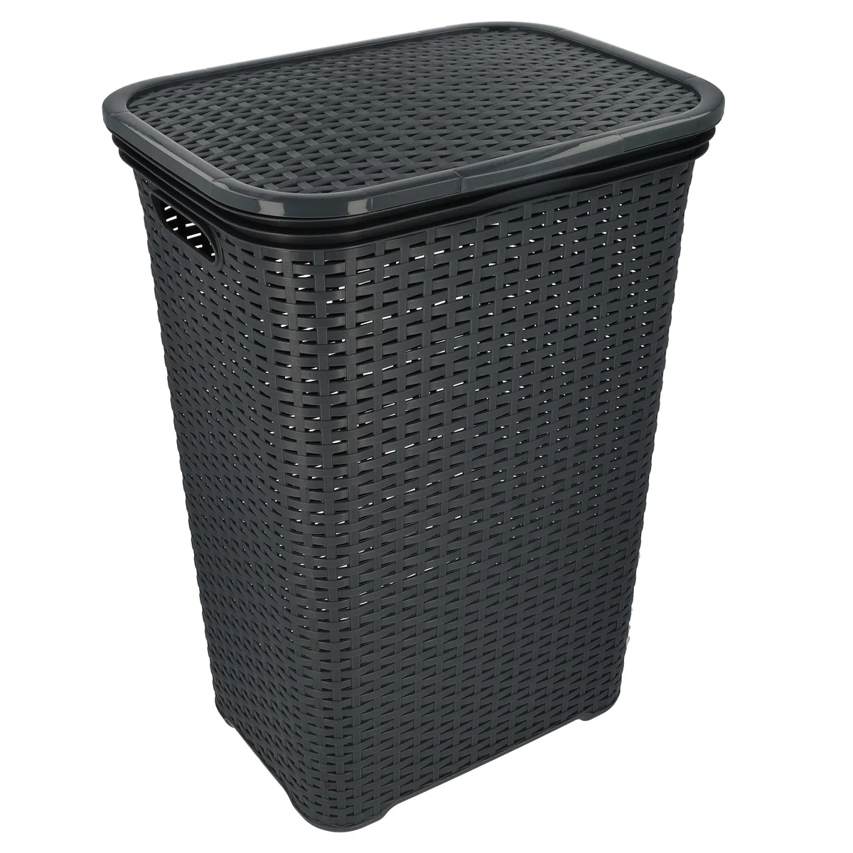 HRB Wäschekorb mit Deckel Rattan, Wäscheaufbewahrung aus Kunststoff, Wäsche Sortierer (65 L - Eckig, Anthrazit)