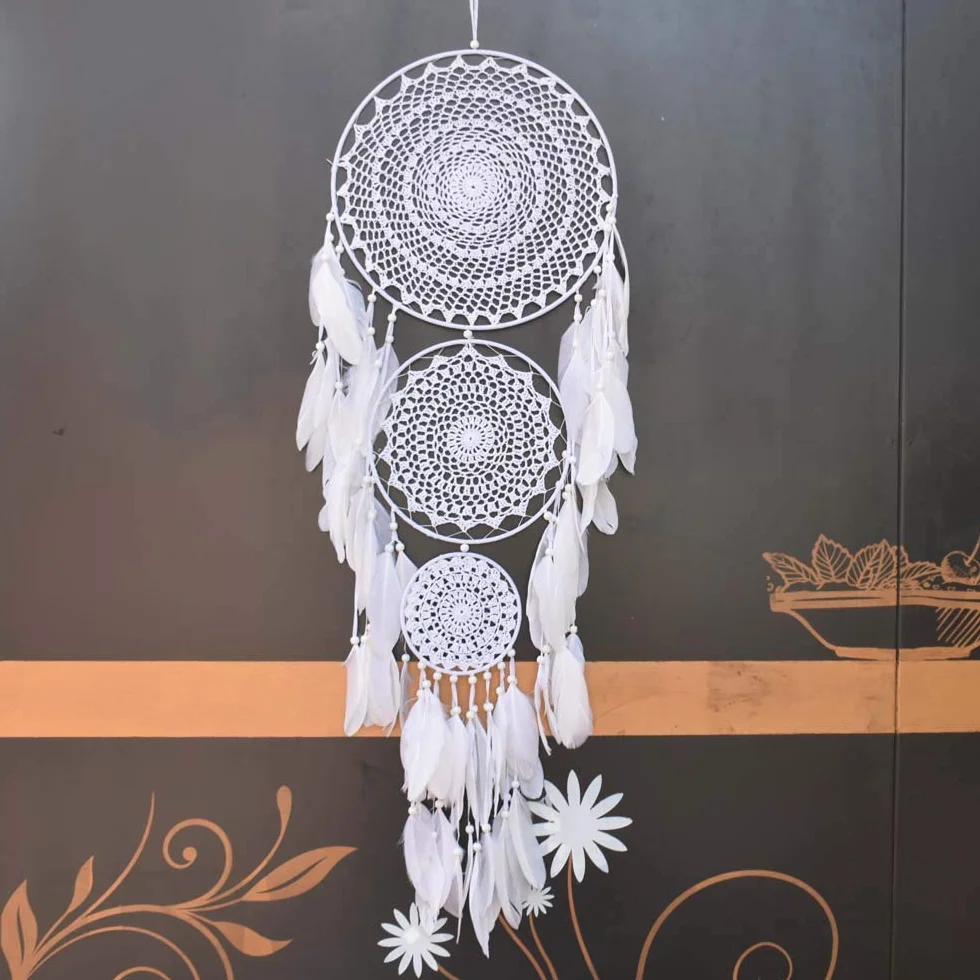 Extra Großer Traumfänger im Boho-Stil, mit 3 Kreisen, weißer Feder, Makramee, Wandbehang für Vintage-Hochzeit oder zur Heimdekoration, 35 cm Kreis, 110 cm lang