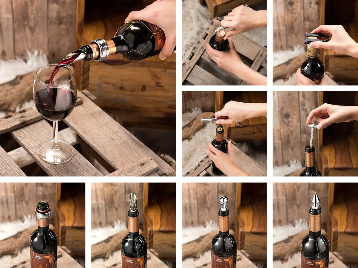 Carlo Milano Weinflaschenverpackung: 9-teiliges Sommelier-Set in edler Holz-Geschenkbox für 2 Weinflaschen (Weinbox, Wein-Geschenkverpackung, Flasche)