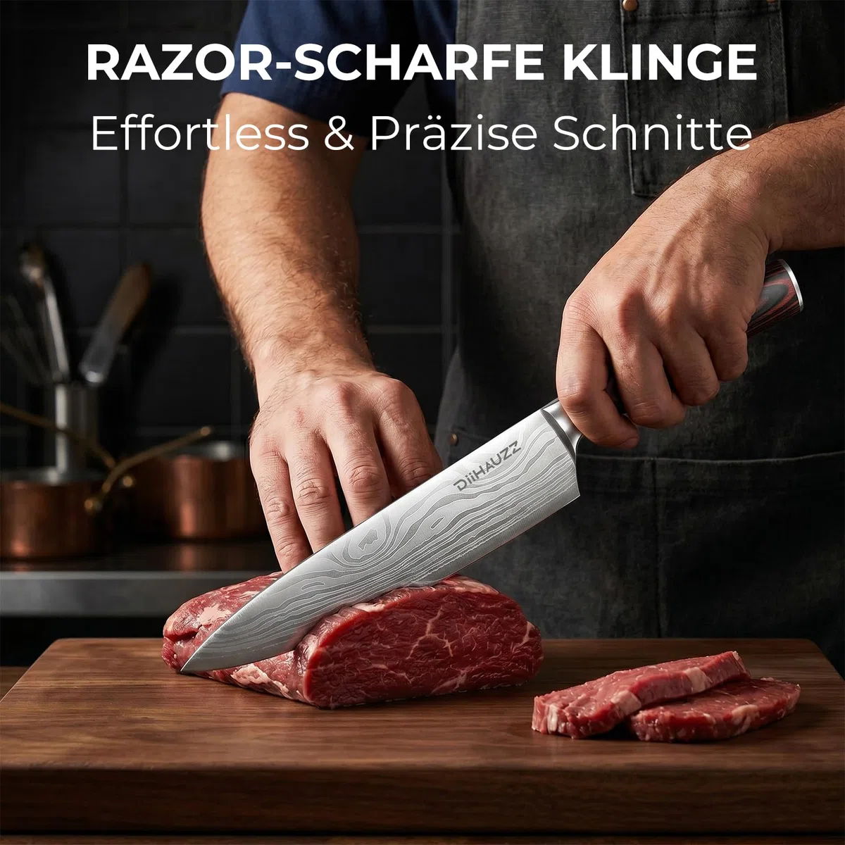 DiiHAUZZ Kochmesser, 20 cm Klingenlänge Fleischmesser, Ultrascharfes Küchenmesser, Messer aus 5Cr15MoV Edelstahl, Allzweckmesser mit Ergonomischem Pakkaholz Griff, für Zuhause, Restaurant