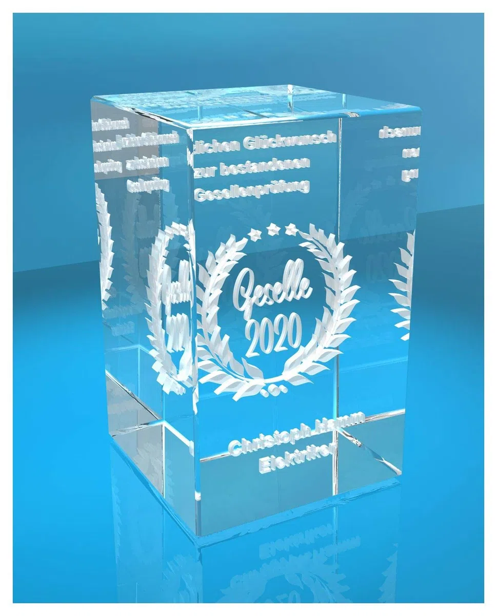 ELUNO 3D Glasquader | Geselle + Jahreszahl | Glückwunsch mit Wunschtext | Geschenk zur Gesellenprüfung