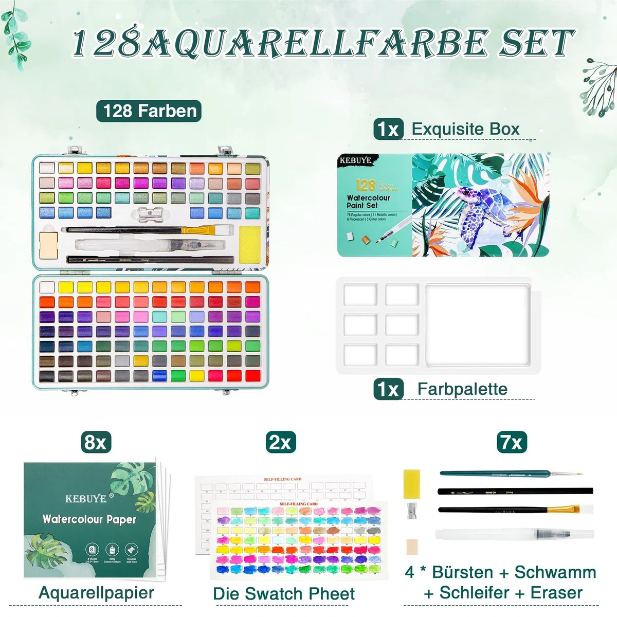Aquarellfarben Set mit 128 Farben- Watercolor Paint in Tragbarer Box - Aquarell für Kinder Erwachsene Reisen Glitzer Wasserfarben Inklusive Zeichenstift Pinsel und Stift fur Kunstler und Hobbyisten