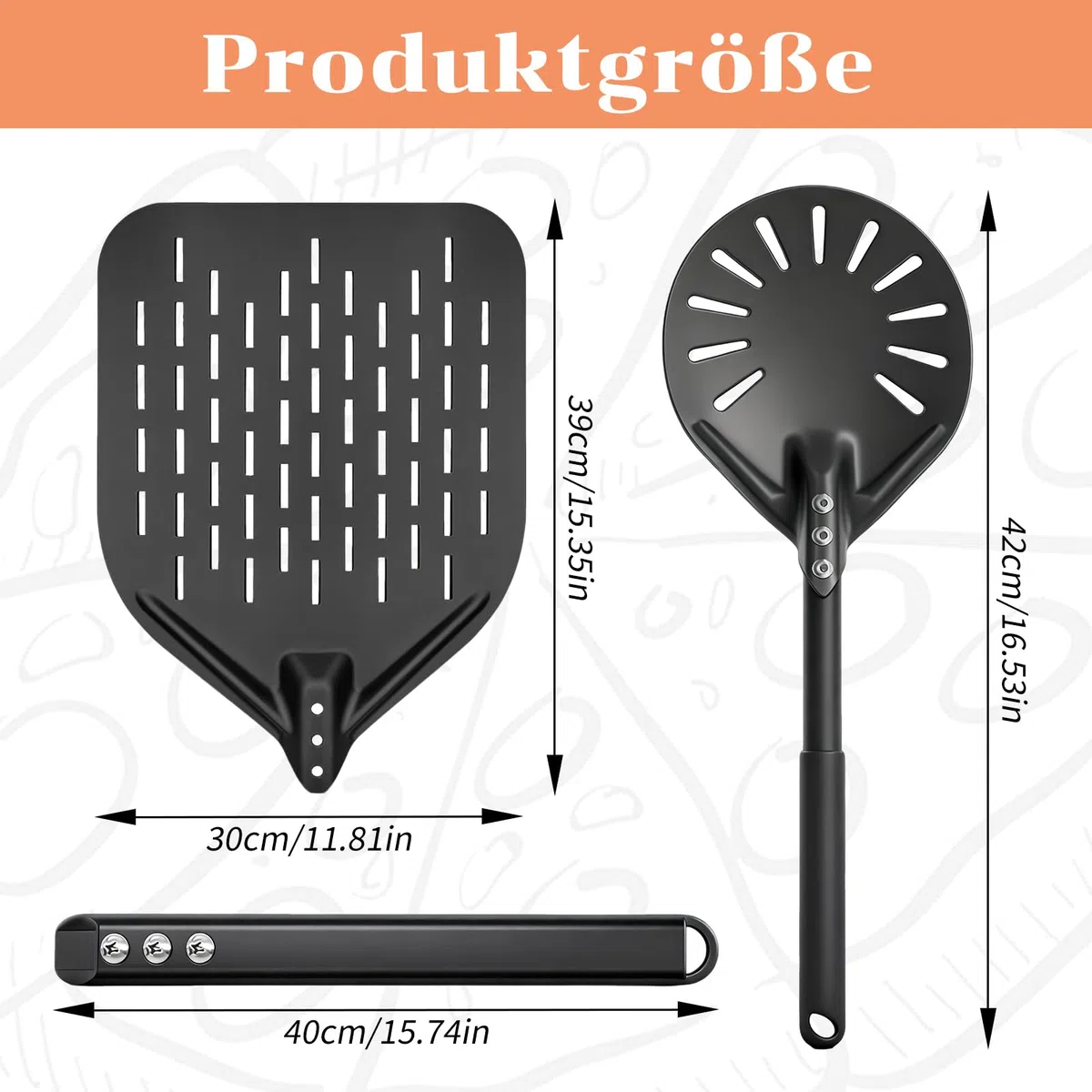 Pizzaschieber Perforiert set, Pizzaschaufel Aluminium mit Komfortabler Abnehmbaren Griffe, Wird mit Pizzawender 6' und Pizza Schieber 12', Geeignet für Wenden und Transportieren von Pizza