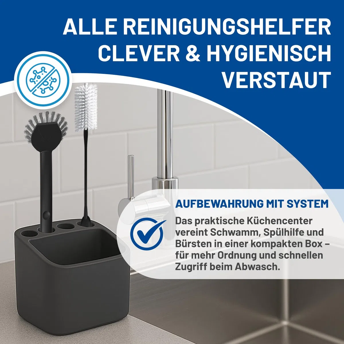 Rival 5-teiliges Küchenhelfer Set mit PBT-Borsten – mit Spülbürste in der Form rund & diskett, Tüllenbürste, Flaschenbürste & Küchencenter (5-teilig) – praktisches Küchen-Set – Spülset für die Küche