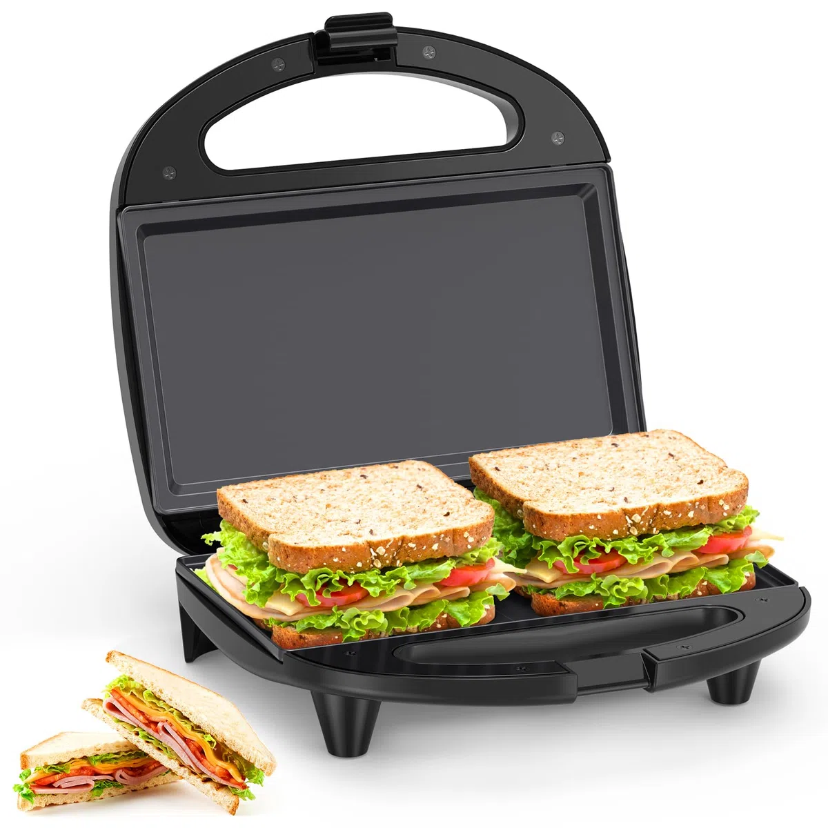 Snailar Sandwichtoaster, 2 Scheiben Sandwichmaker mit Flachplatten, Antihaft, Kühler Griff, 750W, Schwarz