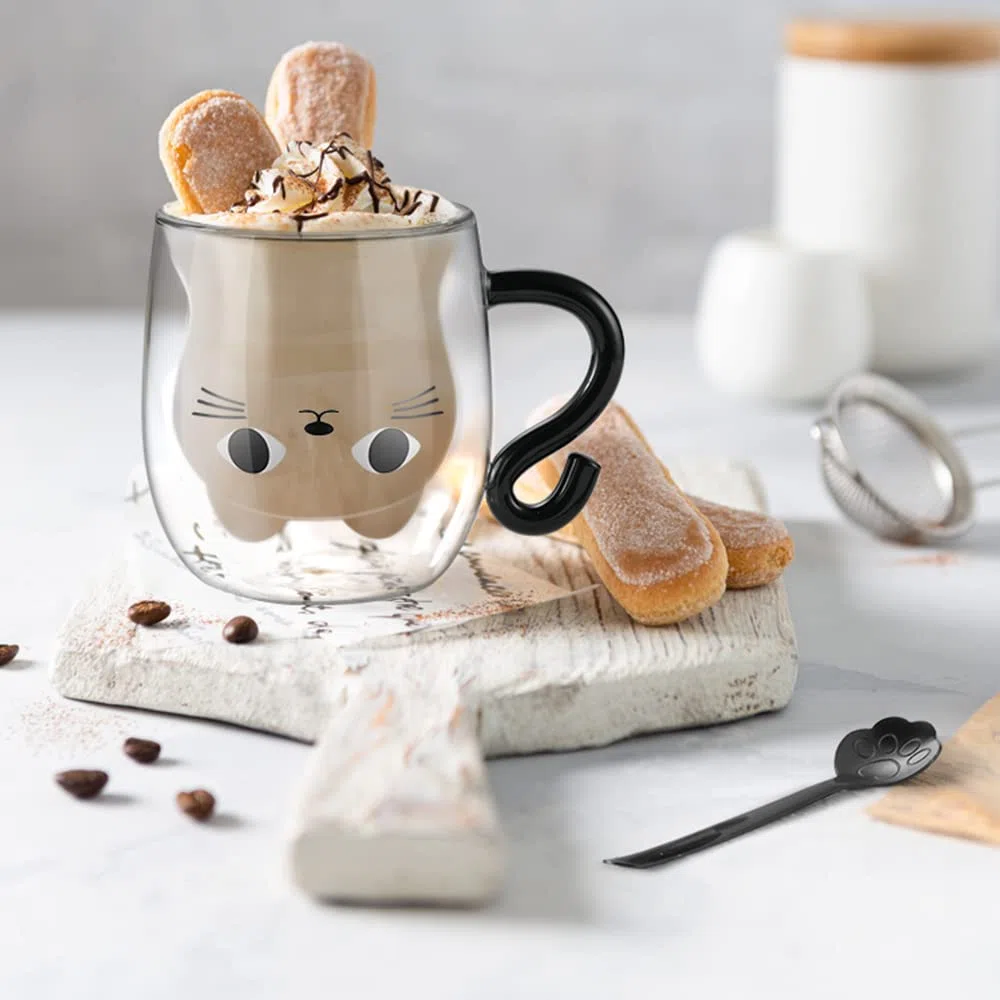 ecooe Doppelwandige Süße katze Latte Macchiato Gläser Kaffeetasse 290ml Kaffeeglas Teegläser für Cappuccino,Latte Macchiato,Tee, Milch, Bier, Geburtstag Valentinstag Geschenke für Frauen Männer Kinder