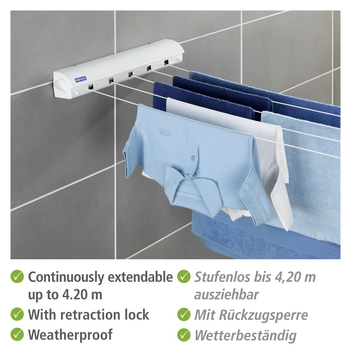 WENKO Wand-Wäscheleinen, 5 Wäscheleinen bis zu 4,20 m stufenlos ausziehbar, praktisches Rollsystem mit Rückzugsperre, wetterbeständig für Balkon und Garten, zur Wandmontage inkl. Befestigungsmaterial