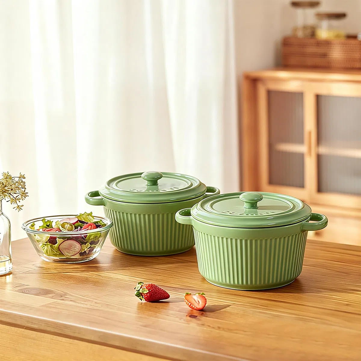 2er Mini Cocotte mit Deckel 250ML, Runde Auflaufform Klein, Keramik Auflaufformen mit Griffen für Lasagne, Soufflé, Gemüse, Creme Brûlée, für Heißluftfritteuse, Backofen, Mikrowellenherd, Grün