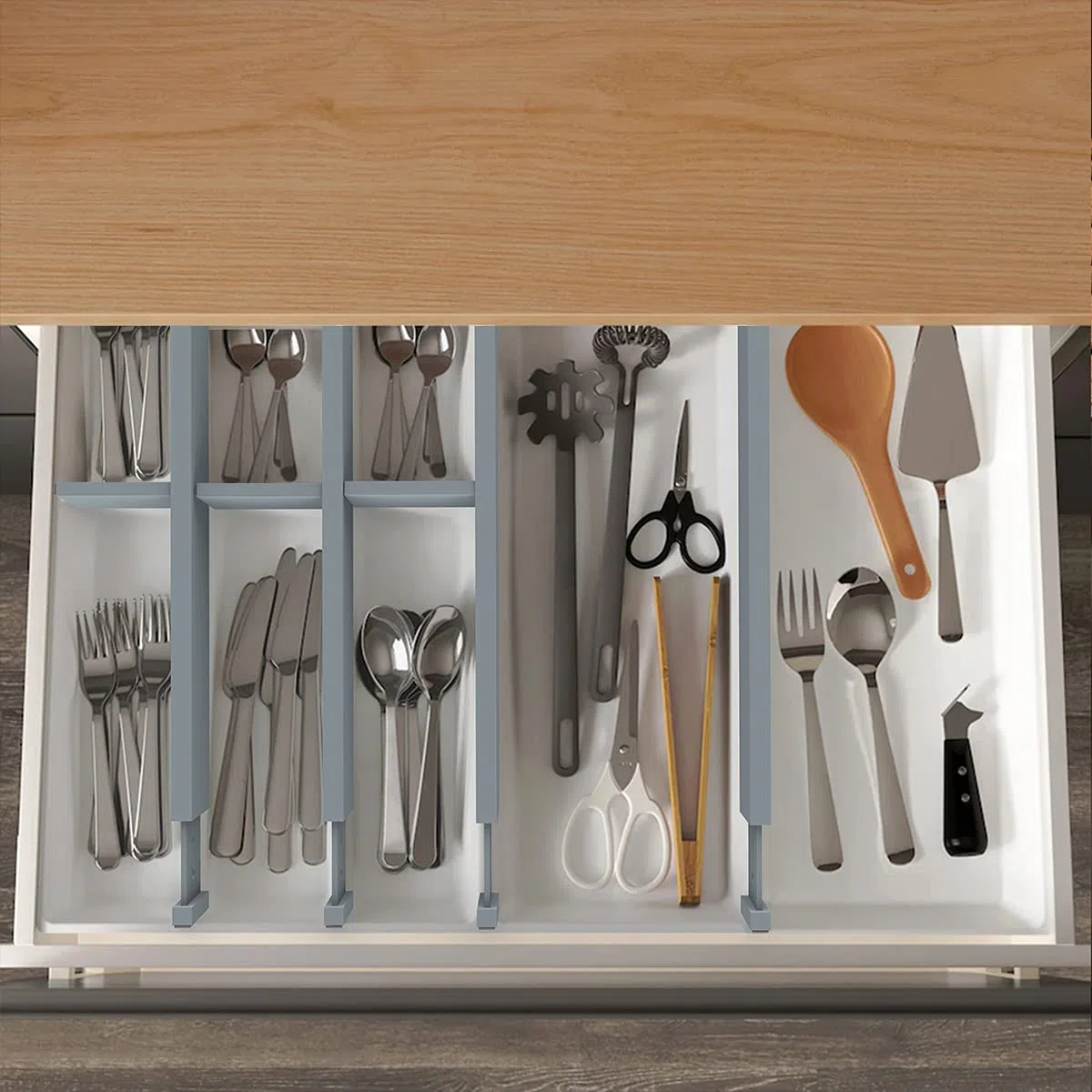 ANTOWIN Schubladentrenner Verstellbar Bambus (43-56 cm), Schubladen Organizer, Gefedert, Küche, Kommode, Badezimmer, Schlafzimmer, Babyschublade, Schreibtisch Ordnungssystem (grau)
