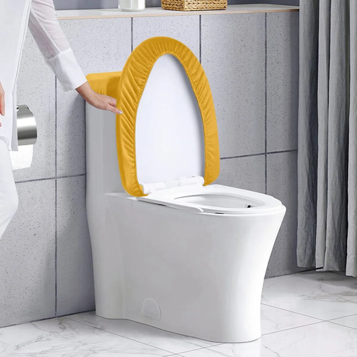 2-teiliges WC-Deckel-Set, Stretch-Samt WC-Sitzbezug fürs Badezimmer, ultraweicher WC-Deckel Luxus-Samt maschinenwaschbar, passend für die meisten runden, länglichen und rechteckigen Deckel