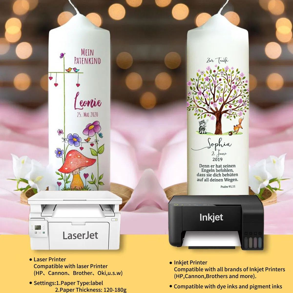 Kerzentattoos Tattoofolie Kerzentransferfolie Druckbar für Laser/Tintenstrahldrucker, Wasserschiebefolie für Kerzen,Kerzensticker Kerzendekopapier für Weihnachten taufkerze, hochzeitskerze A4X10Set
