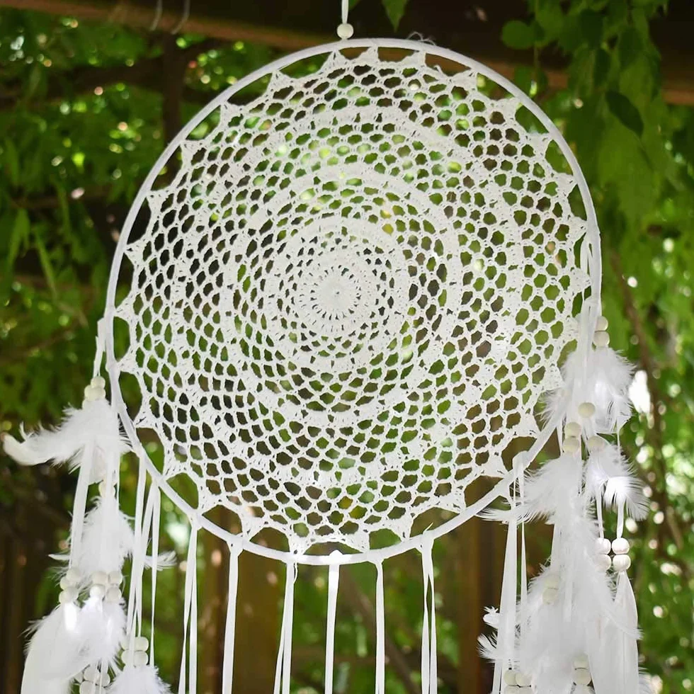 großer Traumfänger im Boho-Stil, mit weißer Feder, Makramee, Wandbehang für Vintage-Hochzeit oder zur Heimdekoration, 35 cm Kreis, 115 cm lang, Weiß