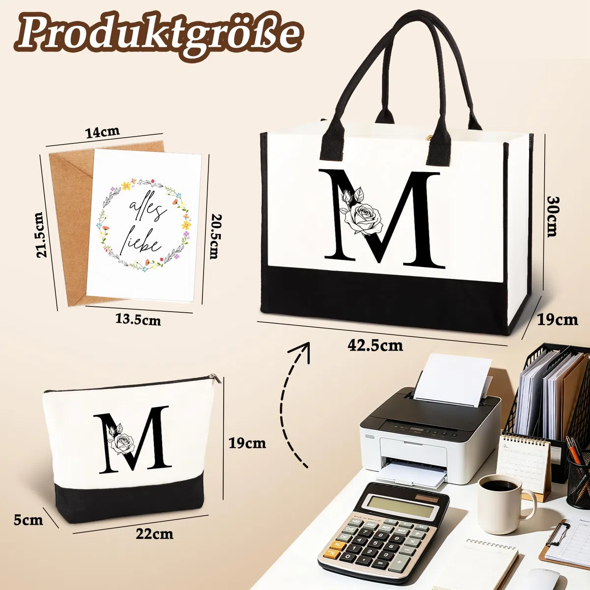 Geschenke für Frauen – Personalisierte Initial A-Z Canvas Einkaufstasche & Kosmetiktasche, Grußkarte – Praktisches & Emotionales Geschenk für Mama, Freundin, Kollegin oder Schwester