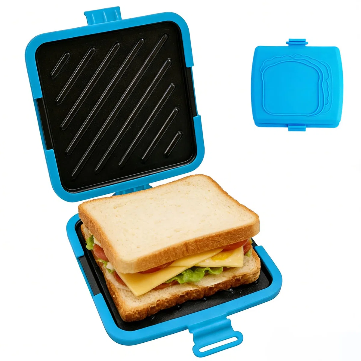 Sandwichmaker Mikrowellen, Silikon Sandwichtoaster 16 x 16 cm, Kontaktgrill Abnehmbare Platten und Silikonschale, Plattengriller zum Bacon Sandwich Panini Grillen Toastie (Blau)