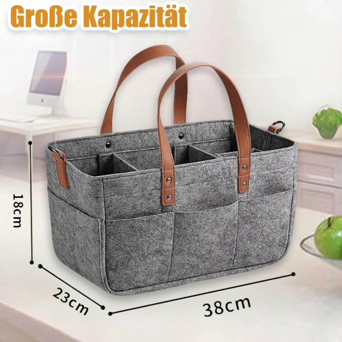 Filztasche mit Fächern, Einkaufstasche Filz 16L, Filztaschen Shopper, Filz Tasche, Einkaufskorb für Outdoor Trips, Picknick, Einkaufen, Dunkelgrau, 38x23x18cm