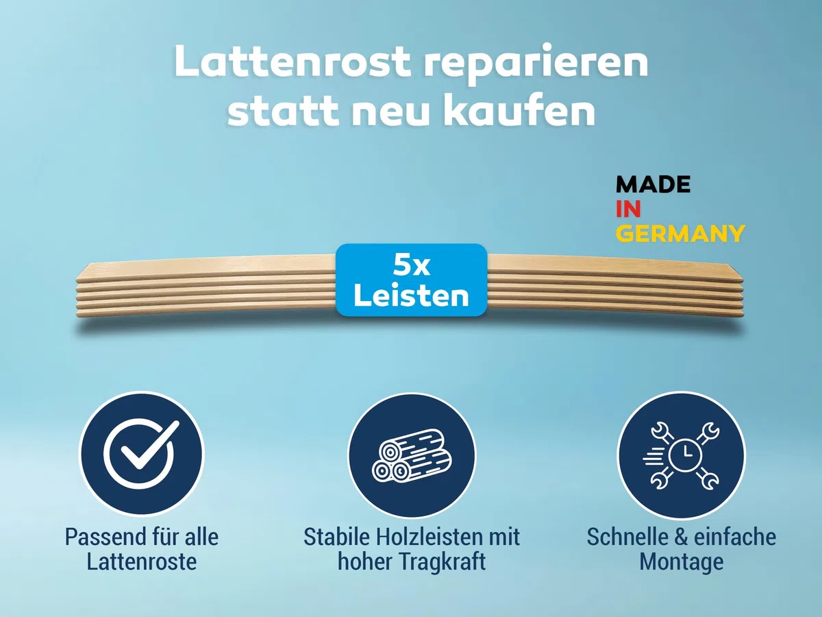 Betten-ABC – Ersatz Federholzleisten – 5er Set – Länge für 90 cm (880 mm) – Breite 34 mm – für viele gängige Lattenroste geeignet – Farbe Natur - hergestellt aus Schichtholz in Deutschland