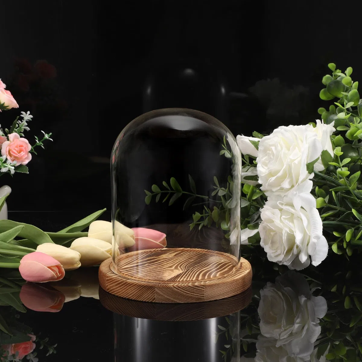 Glaskuppel mit Natürlichen Holzsockel Robust dekorative Glasglocke Tischplatte Displays für Lampen Kerzen Rosen Dekorationen Antiquitäten zu Weihnachten Geburtstage Valentinstag