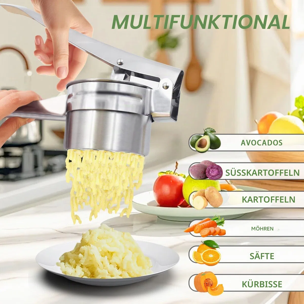 Kartoffelpresse aus Edelstahl, Spätzlepresse Kartoffelstampfer Set für Kartoffelpüree, Obstsäfte, Gemüsebrei, mit 3 Lochscheiben (Fein/Mittel/Grob), Spülmaschinenfest, Länge 27cm