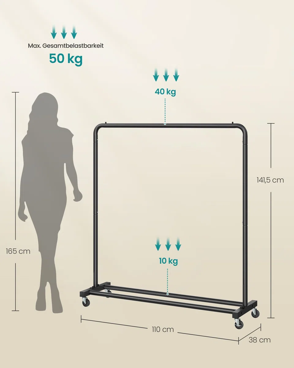SONGMICS Kleiderständer, Kleiderstange auf Rollen, Garderobenständer, 2 Rollen mit Bremse, Schlafzimmer, bis 50 kg belastbar, 38 x 110 x 141,5 cm, tintenschwarz HSR016BH01