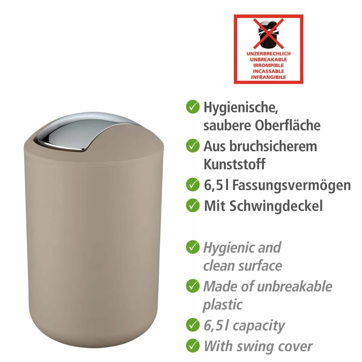 WENKO Kosmetikeimer Mod. Brasil L, 6,5 Liter Bad-Mülleimer mit Schwingdeckel, aus bruchsicherem Kunststoff, BPA-frei, Taupe