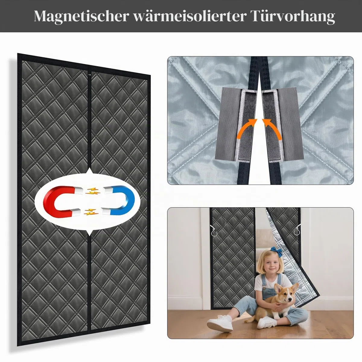 Magnet Wärmeschutzvorhang für Türen 96x210 cm - 3-fach verstärkter Winter-Isoliervorhang aus Oxford-Stoff, Baumwolle & Alufolie. Blockiert Kälte, Wind und Wärmeverlust. Schwarz