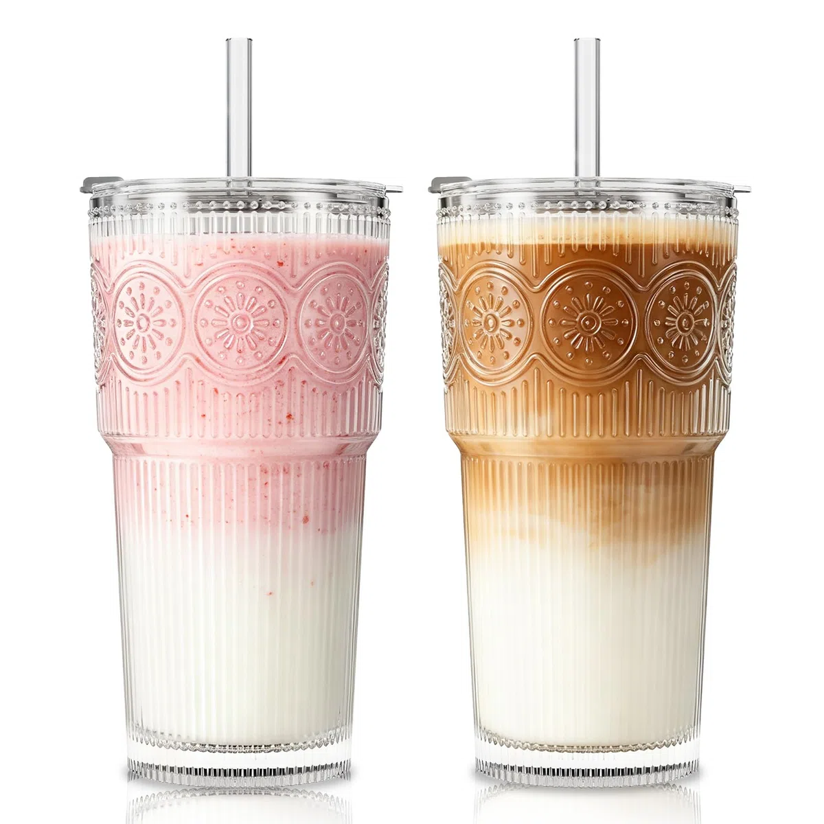SoulTimes 600 ml Glasbecher mit Deckel und Glasstrohhalm, 2 Stück – Wiederverwendbare Trinkgläser für Eiskaffee, Wasser, Smoothies, Milch, Cocktails & Matcha – Perfekt für Alltag und Reisen