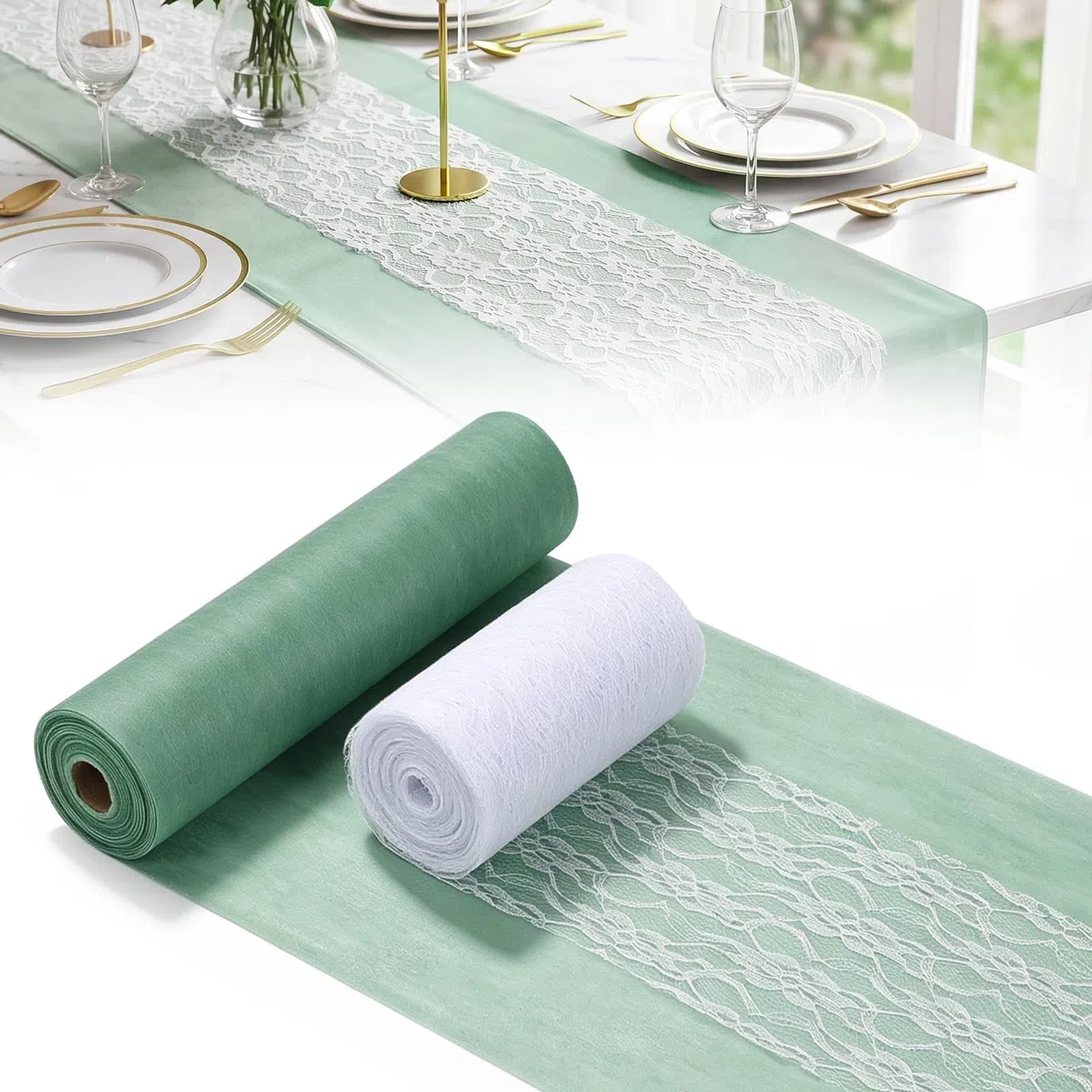 Tischdeko Set Eukalyptus Grün, Vlies Tischläufer 0.3m x 25 m + Spitzenband Weiß 0.15m x 25 m– 2 Rollen Tischband zum Zuschneiden für Kommunion, Taufe, Konfirmation, Hochzeit, Geburtstag