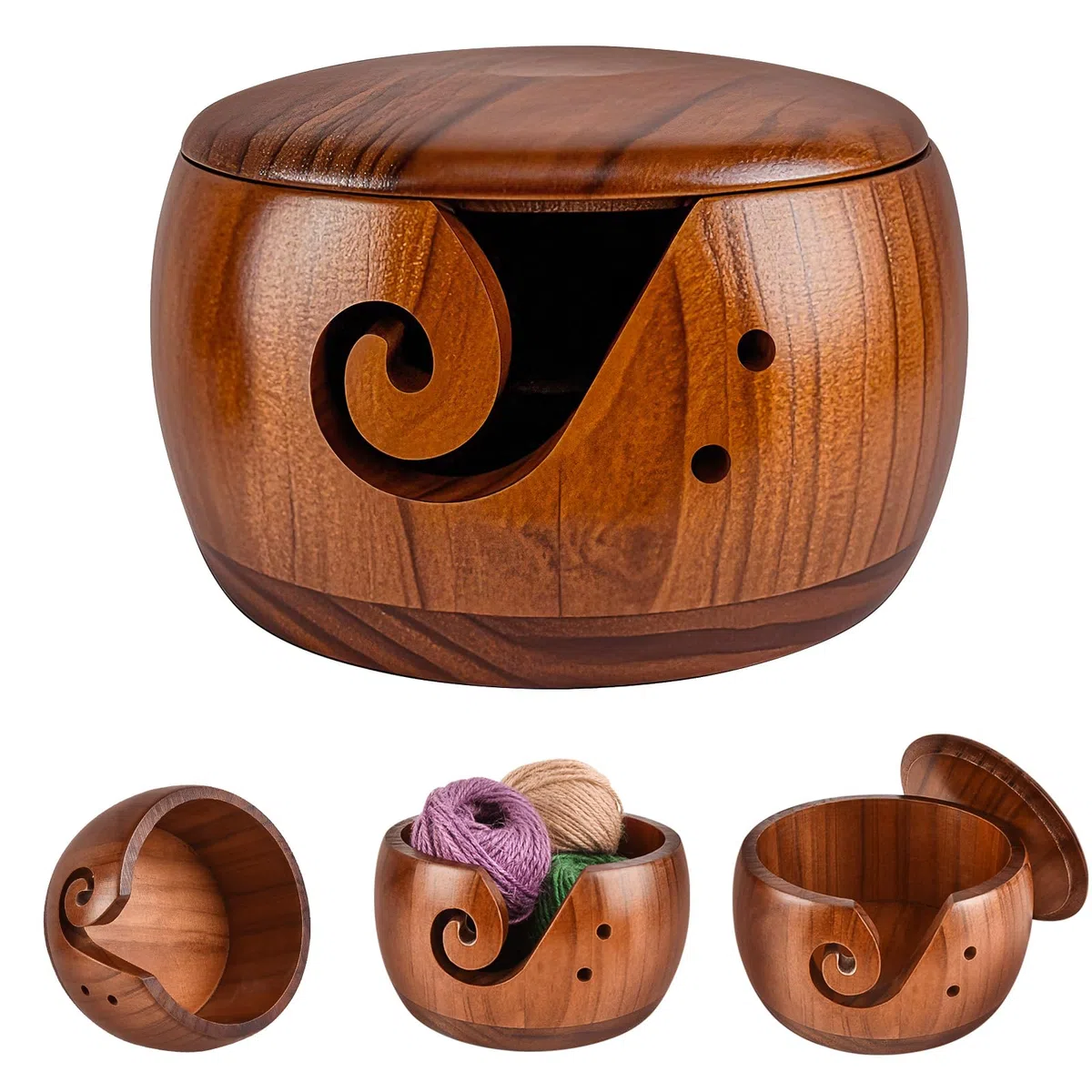 Garnaufbewahrung, 5,9'' Garnschale aus Holz, Garnschale mit Deckel, Tragbarer Holzgarnschale für Strick und Häkelprojekte, Organizer aus Wolle, Strickschalenhalter,garnschale für wolle