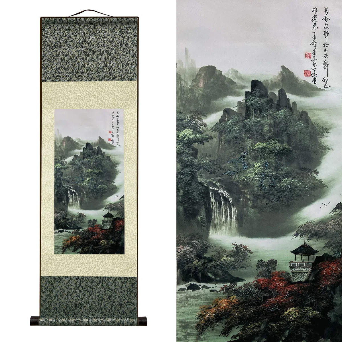 Valart Rollbild aus Seide Asiatisch Wand Dekoration Wasserfall Fluss Landschaft Gemälde - Berg Frühling Herbst Farbe Schön Chinesische Kunstwandrolle Seidenmalerei Orientalisches Dekor(93 x 30 cm)