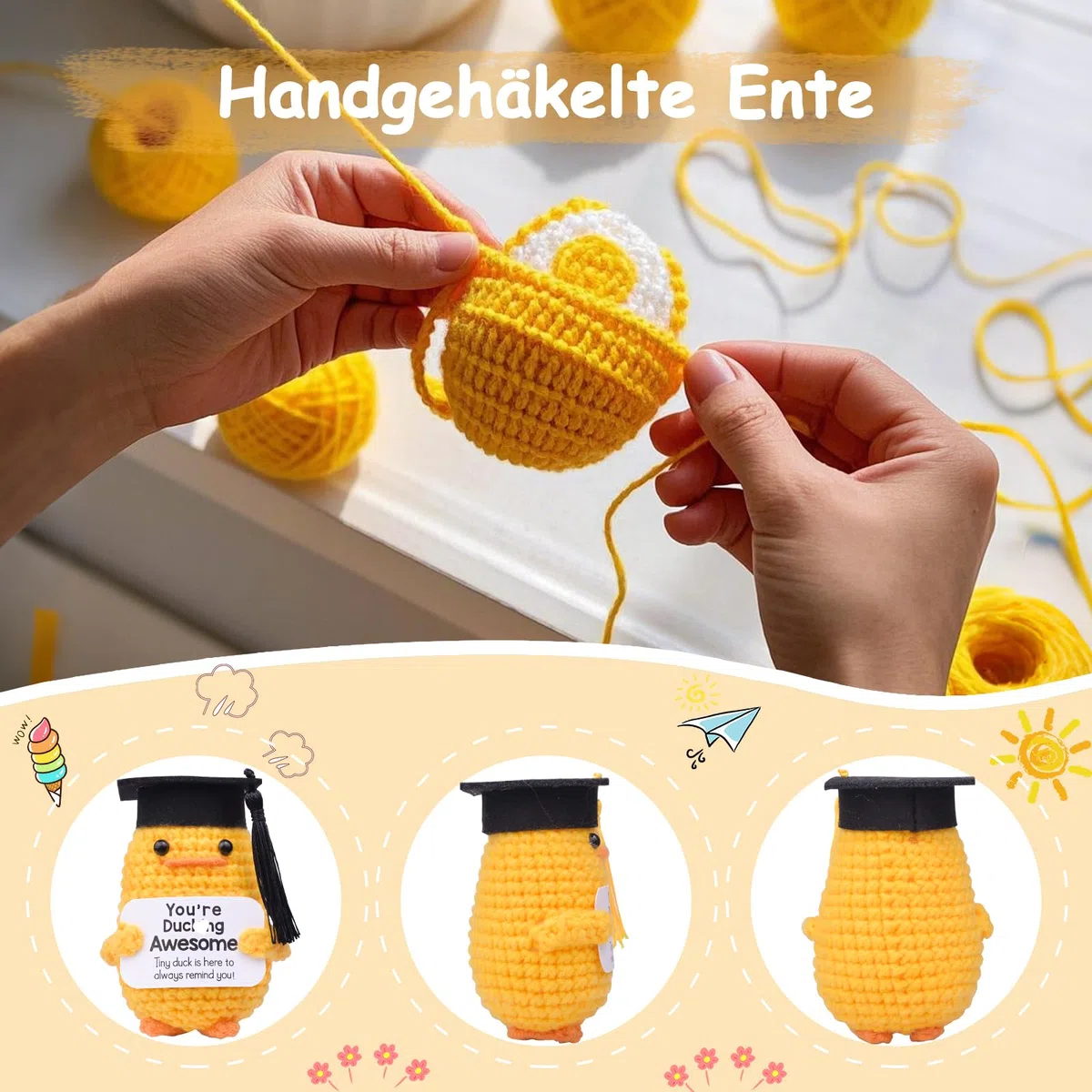 Mwmoeen Pocket Hug Positive Ente Doktorhut Studentenhut, Positive Duck Strickwolle Ente Bachelor Hut, Emotionale Unterstützung Enten Geschenke Absolvent Party-Dekoration Geschenke für Absolventen