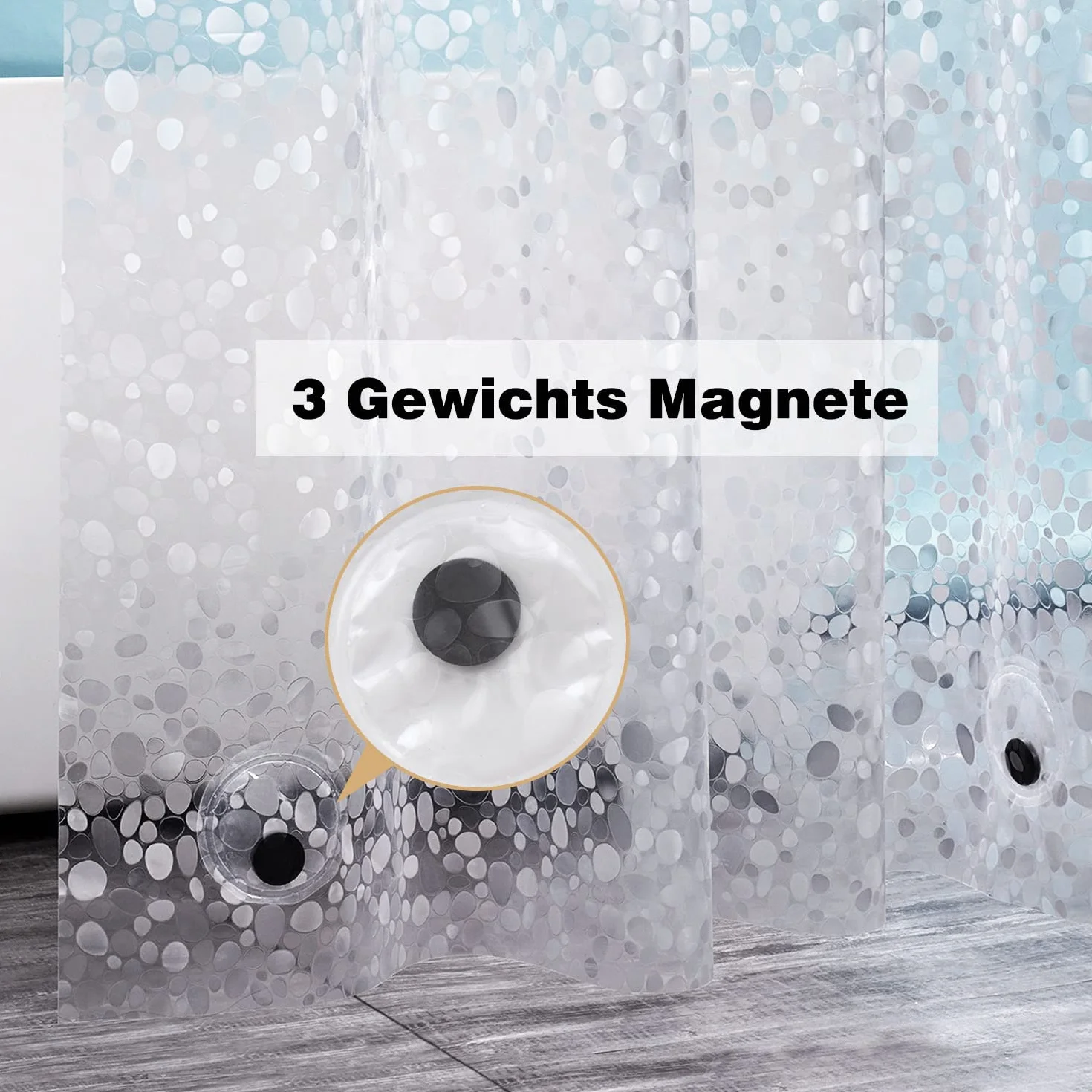 EurCross Antischimmel Duschvorhang 180x200 mit 3 Stärkere Magnete Unten,Transparent mit 3D Kieselsteinen Muster, Wasserdicht Eva Plastik Dusch Vorhang für Badewanne mit 12 Ringe