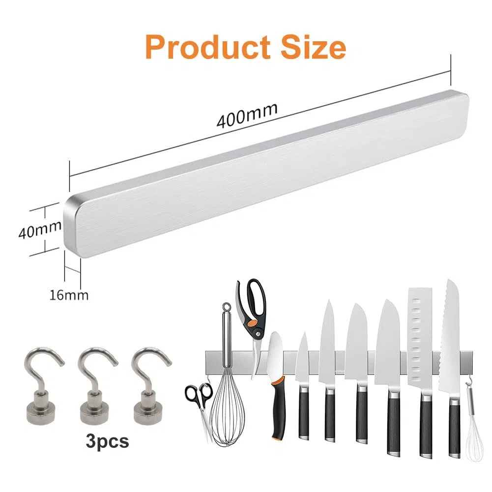 Magnetleiste Messer,40 cm Messer Magnetleiste selbstklebend,3M Klebeband ohne Bohren,aus Premium-Edelstahl,rostfrei & hygienisch,mit 3 Haken,Messerhalter Magnetisch