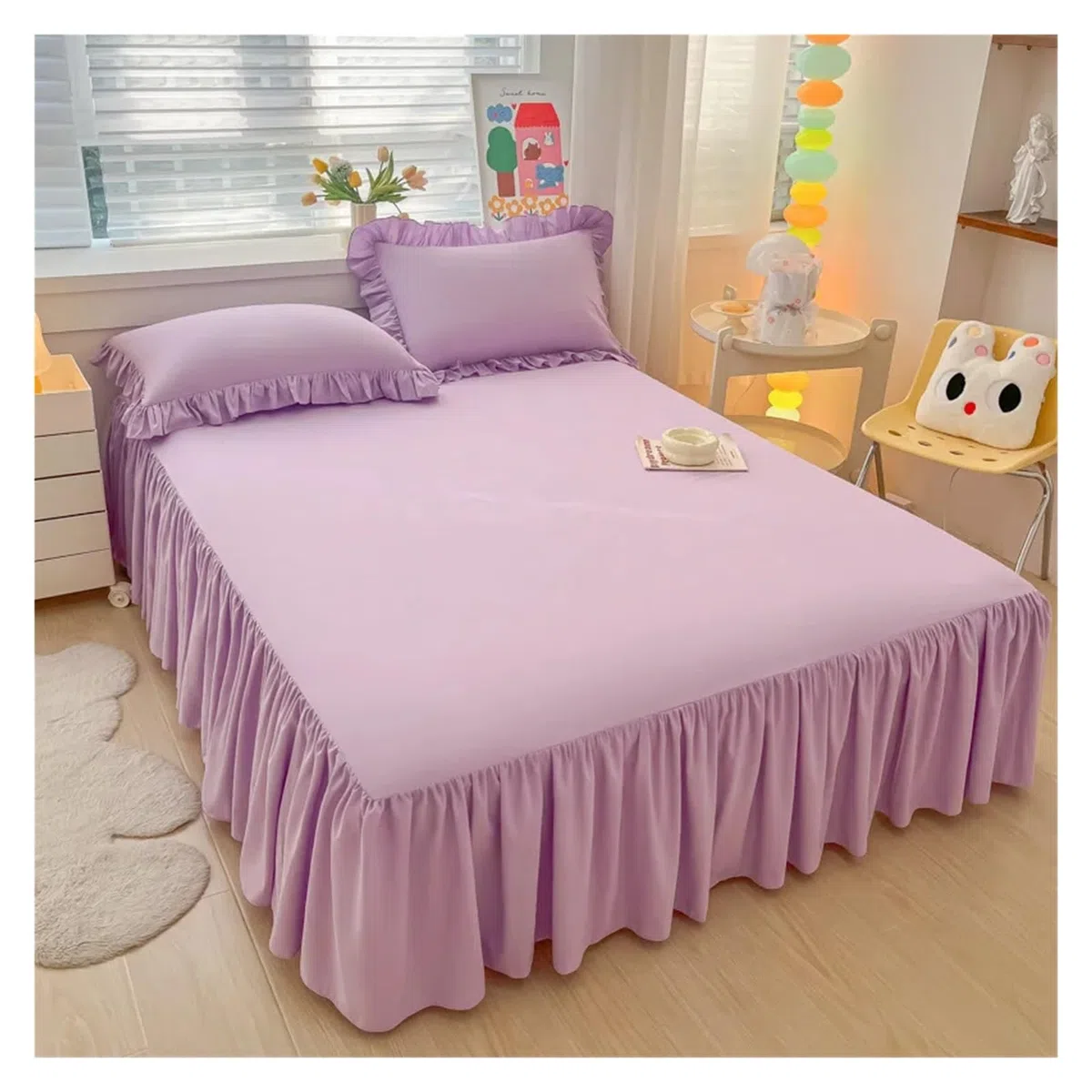 Bettrock Rüschen Eleganter Prinzessinnen-Bettrock, Rutschfester Matratzenbezug, gekräuselte Spitze, Bettlaken, Bettdecke, Schutz for Zuhause, Tagesdecke, Bettrock(Purple,1 pc Skirt 150x200cm)